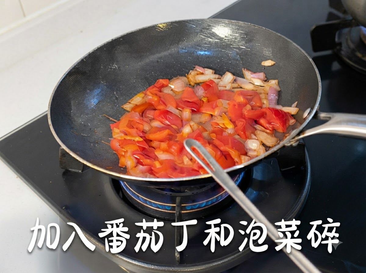 Tomates en dés et kimchi haché sautés avec les oignons dans une poêle.