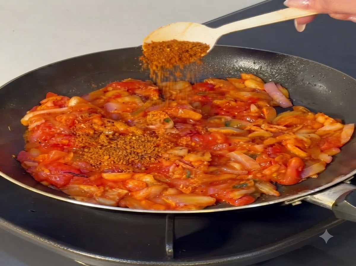 Une cuillère de piment en poudre saupoudrée sur le mélange de tomates et doignons.