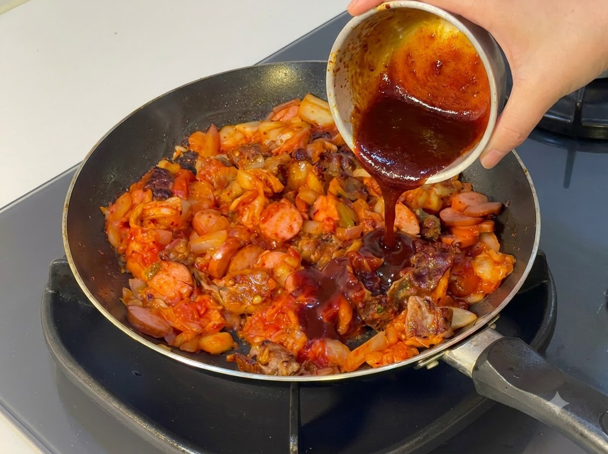 Sauce sombre préparée versée dun petit bol dans la poêle.