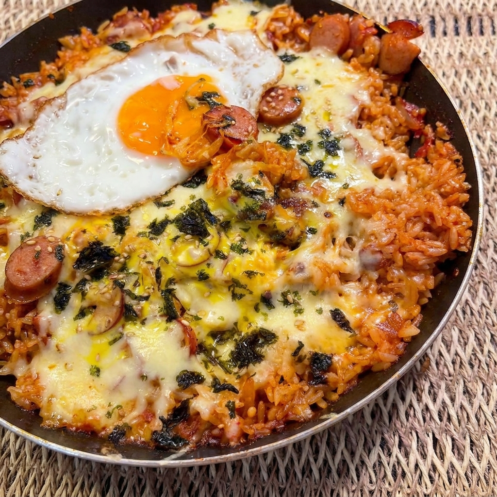 Une tranche de fromage fondu et de la mozzarella râpée généreusement saupoudrées sur le dessus du ragoût de riz au kimchi dans une poêle.