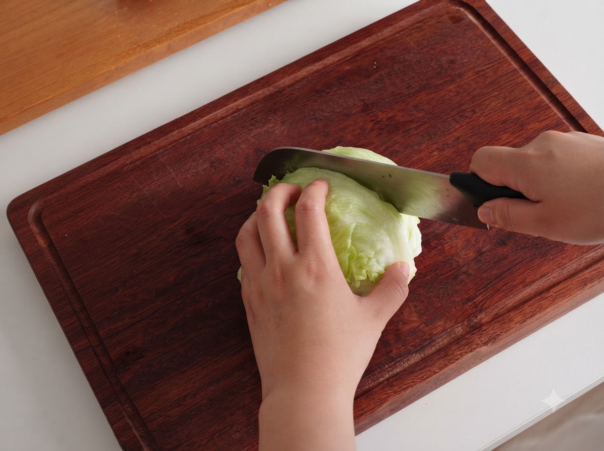 Un oignon, des champignons et un oignon vert coupés sur une planche à découper en bois avec un couteau.