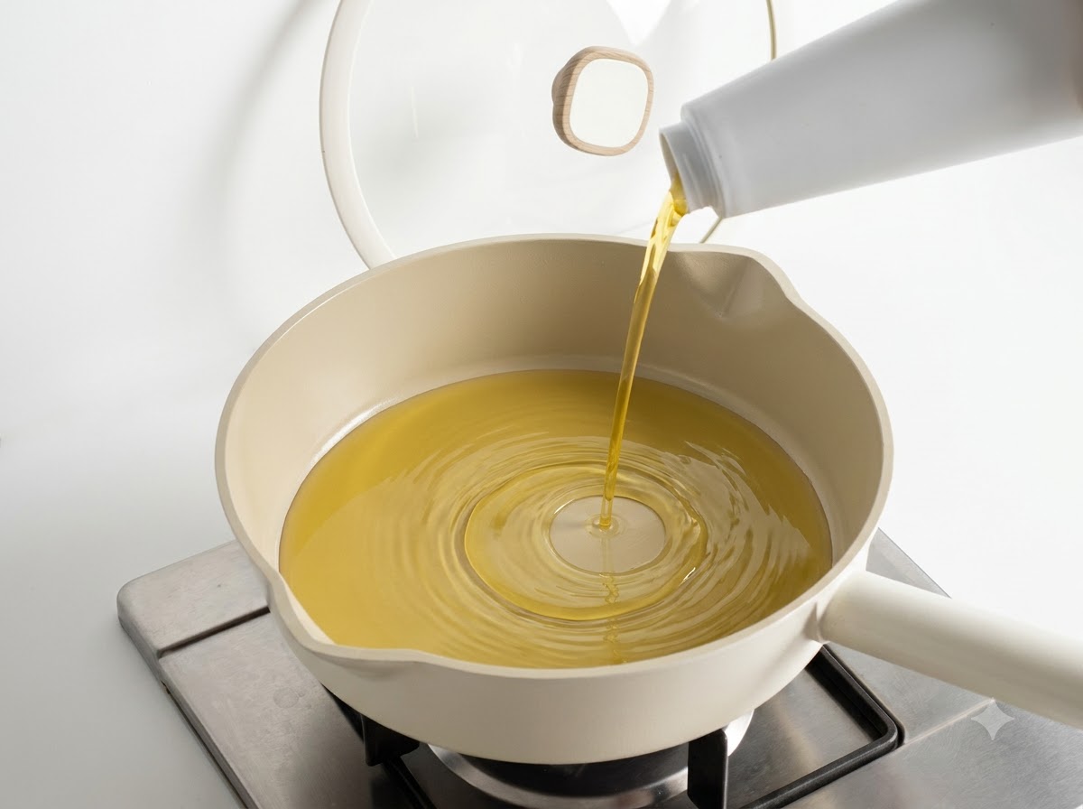 Des oignons et des oignons verts émincés en train dêtre sautés dans de lhuile dans une poêle de couleur claire.