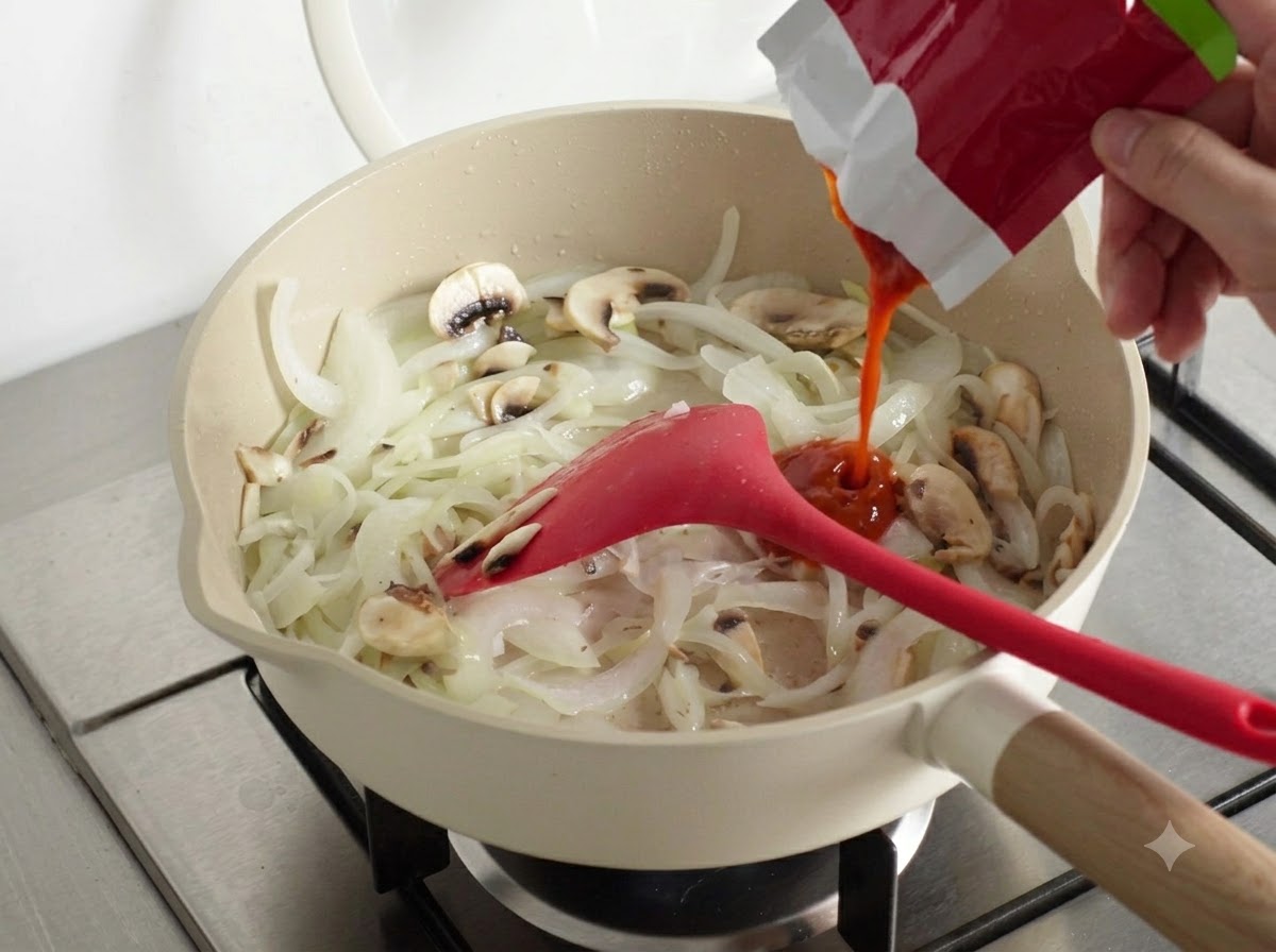 Du kimchi en sachet versé dans la poêle avec les légumes.