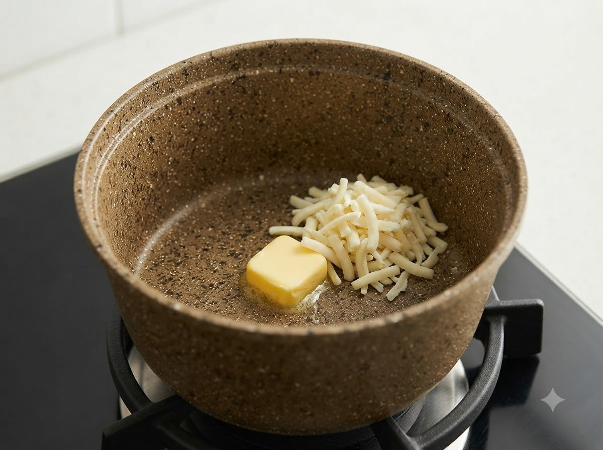 Du beurre en train de fondre dans une casserole séparée avec de la mozzarella râpée ajoutée pour fondre.