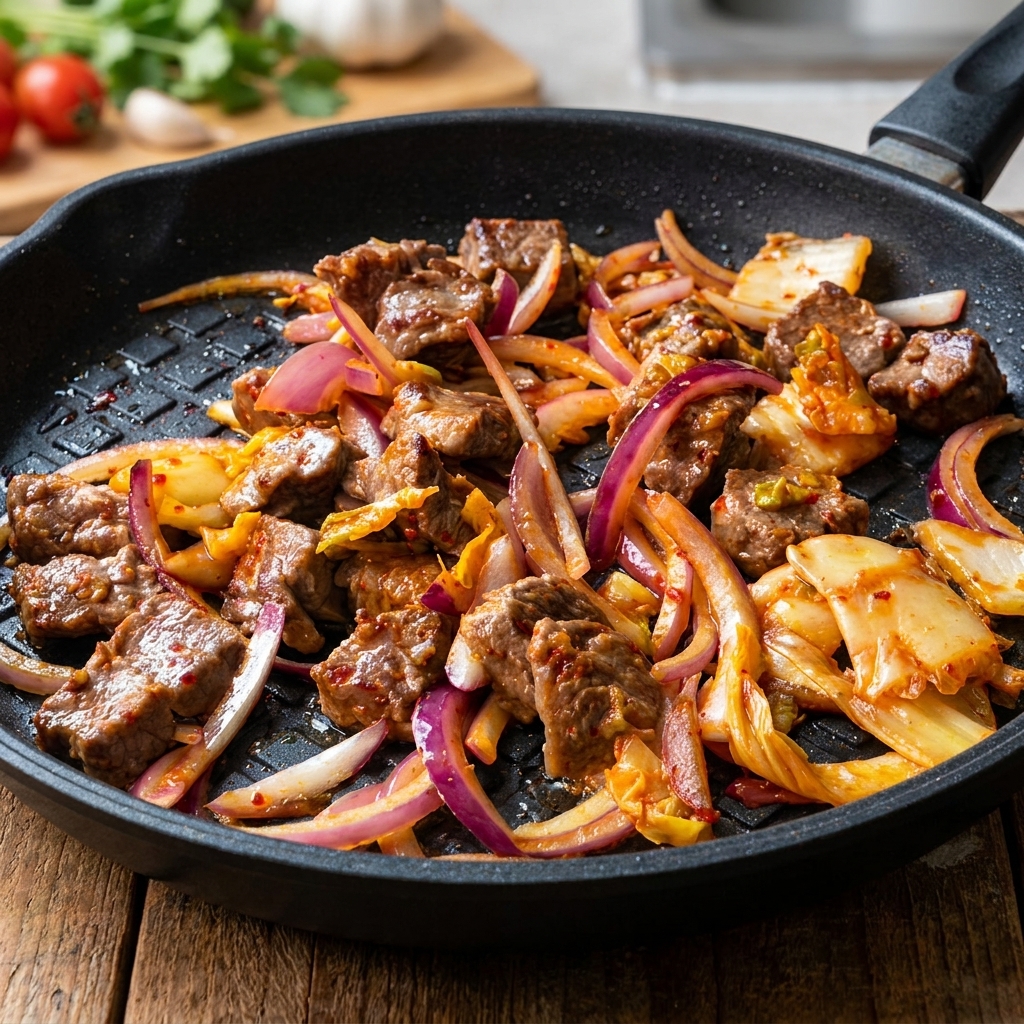 Riz blanc cuit versé dans la poêle avec le bœuf et les légumes cuits.