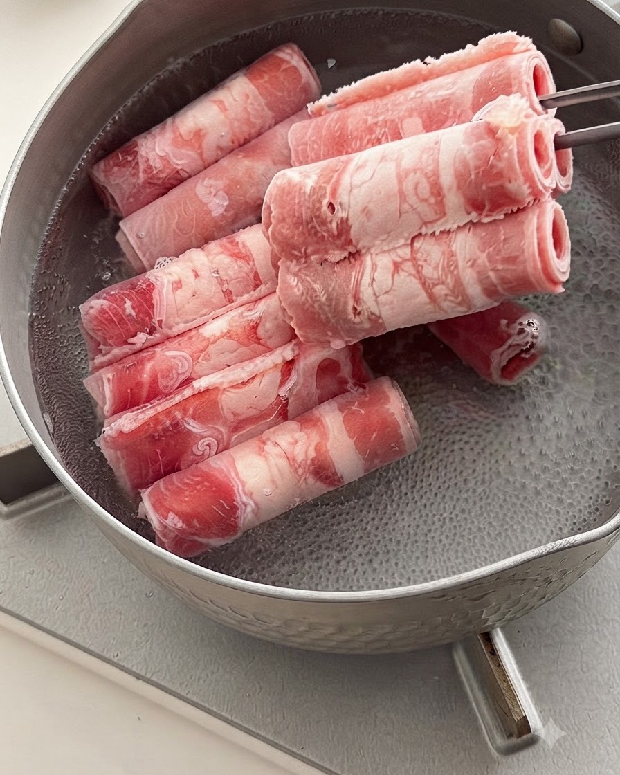 Tranches de bœuf crues ajoutées dans une casserole deau bouillante à laide de baguettes en métal.