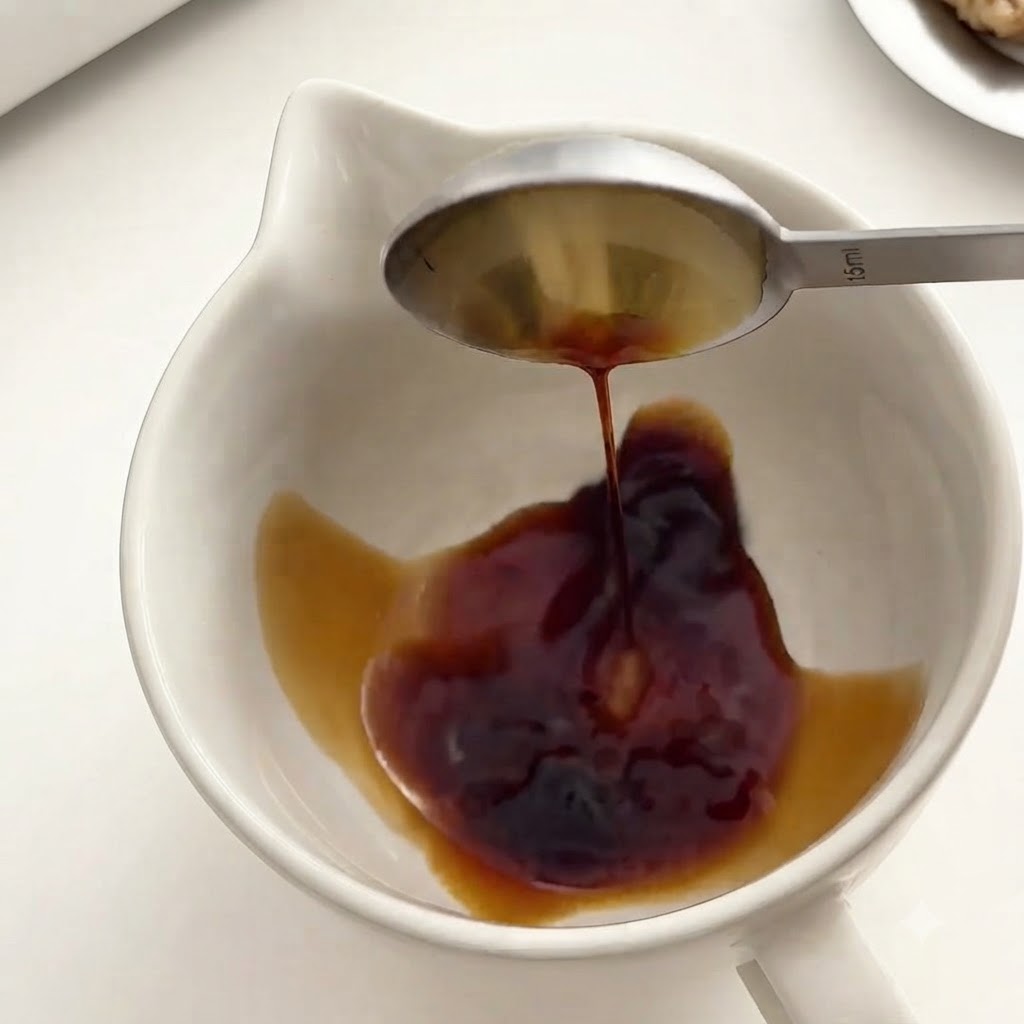Sauce soja noire versée dune cuillère de mesure en métal dans un bol à mélanger blanc.