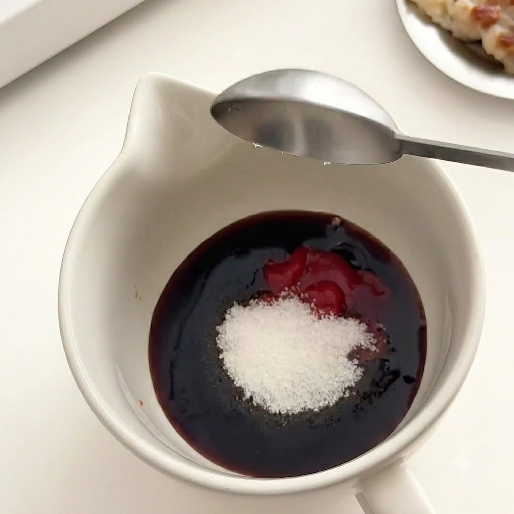 Une cuillerée de pâte de piment coréenne rouge et épaisse ajoutée au bol de sauce.