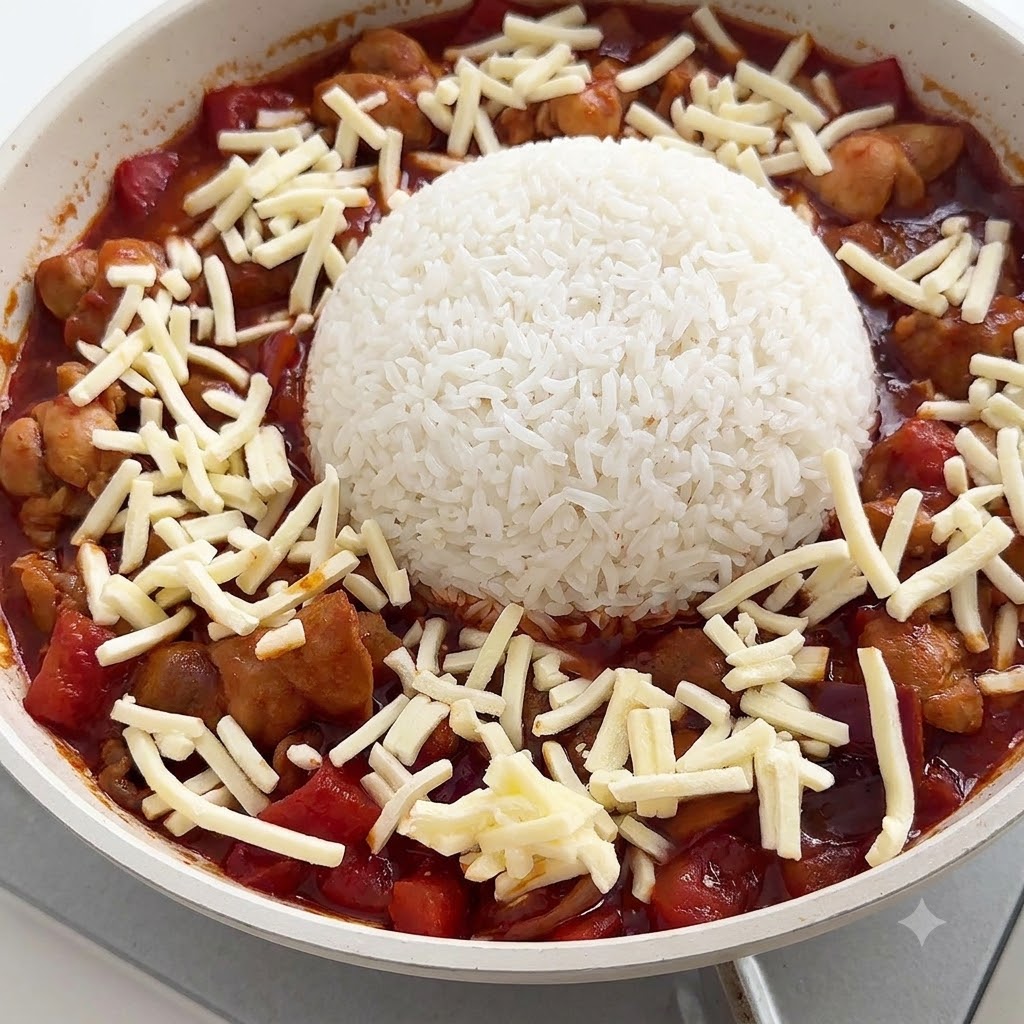 Mozzarella râpée saupoudrée uniformément autour dun dôme central de riz blanc.