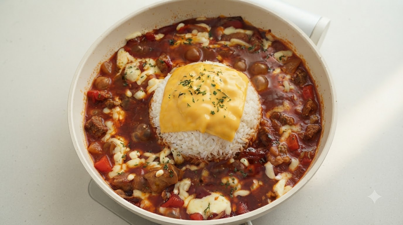 Une poêle vibrante de sauce tomate au bœuf frémissante, entourant un monticule de riz blanc surmonté de fromage fondu.