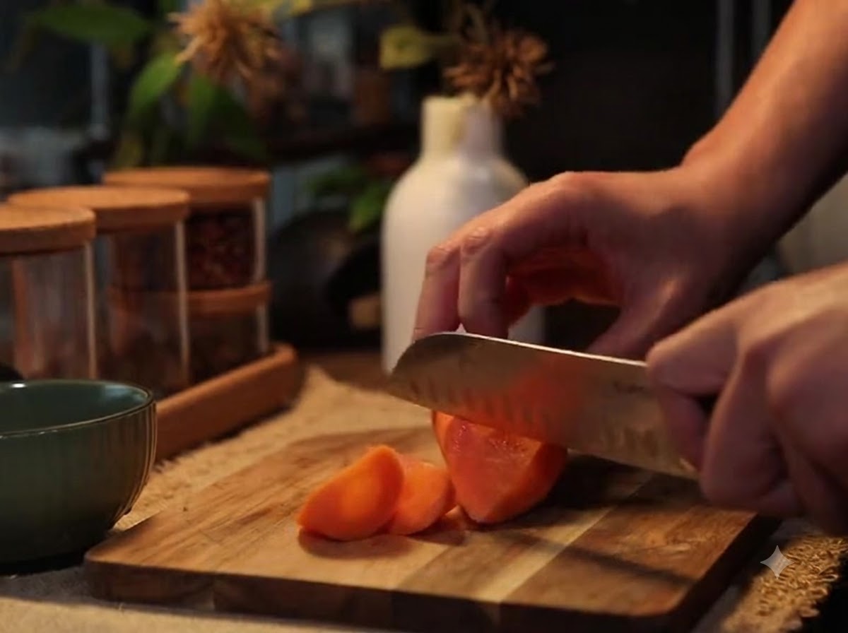 Un couteau de cuisine coupant une carotte fraîche en gros morceaux diagonaux sur une planche à découper en bois.