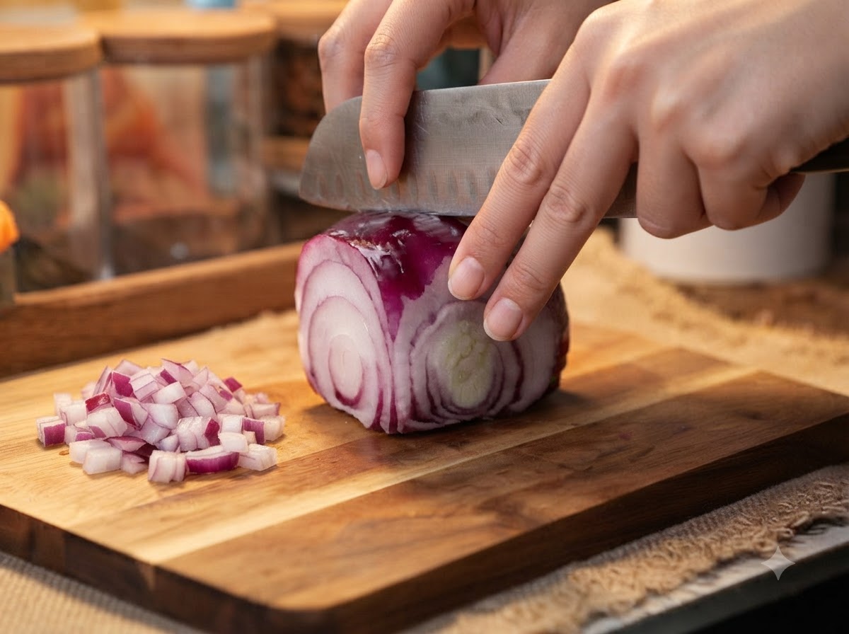 Des mains utilisant un couteau de chef pour hacher un oignon rouge sur une planche à découper en bois.
