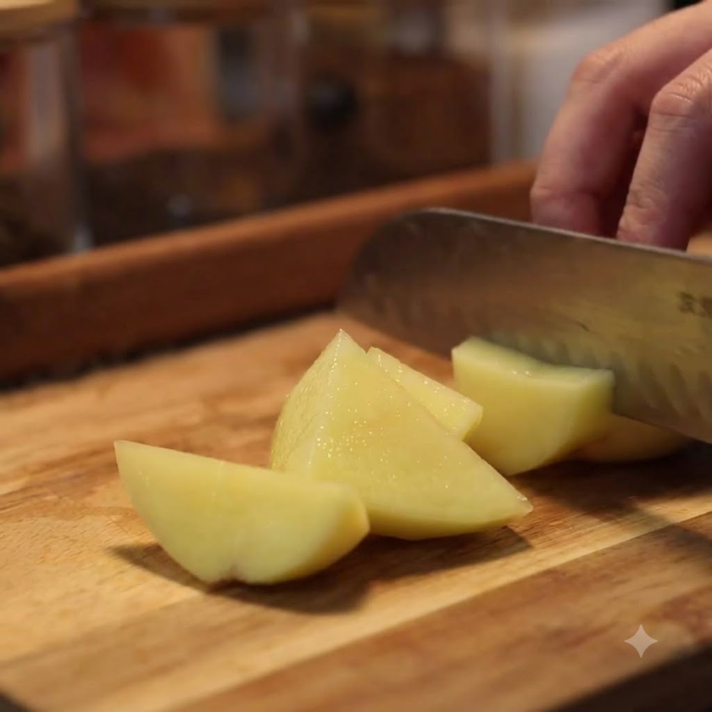 Un couteau coupant des pommes de terre épluchées en gros quartiers sur une planche en bois.