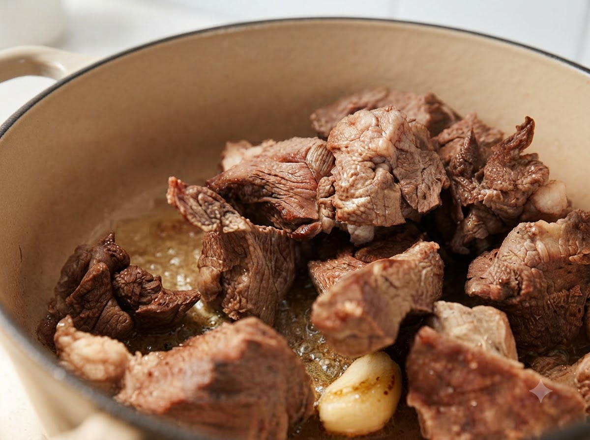 Des morceaux de bœuf en train dêtre sautés avec de lail dans une casserole jusquà ce quils soient dorés.