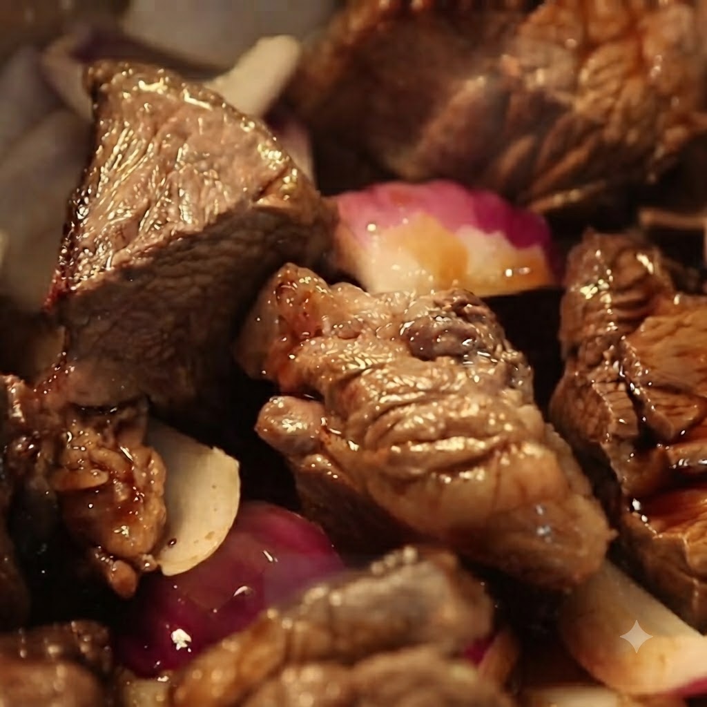 Un petit morceau de sucre de canne brut ajouté au milieu du bœuf et des oignons mijotants.