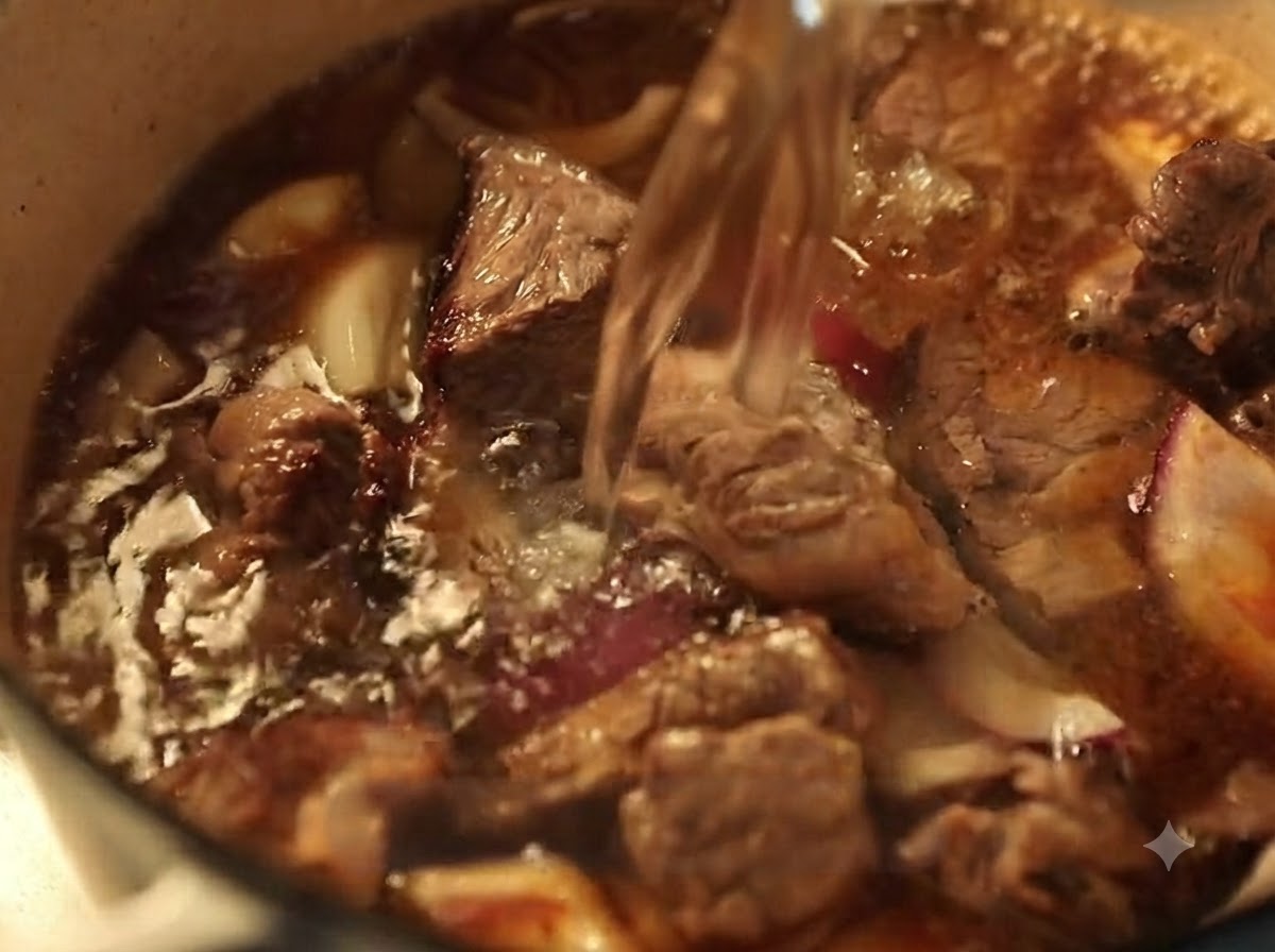 De leau chaude versée dune bouilloire dans une cocotte en fonte émaillée contenant la poitrine de bœuf saisie et les aromates.