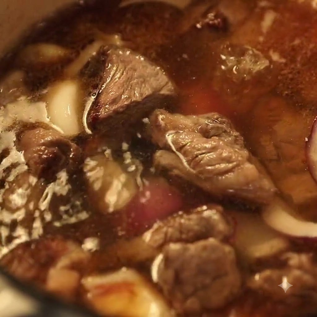 Gros plan sur une cocotte de ragoût de bœuf frémissante avec des épices visibles dans le bouillon.