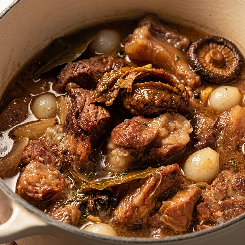 De la pâte de curry épaisse ajoutée à une cocotte de poitrine de bœuf cuite et doignons dans le bouillon.