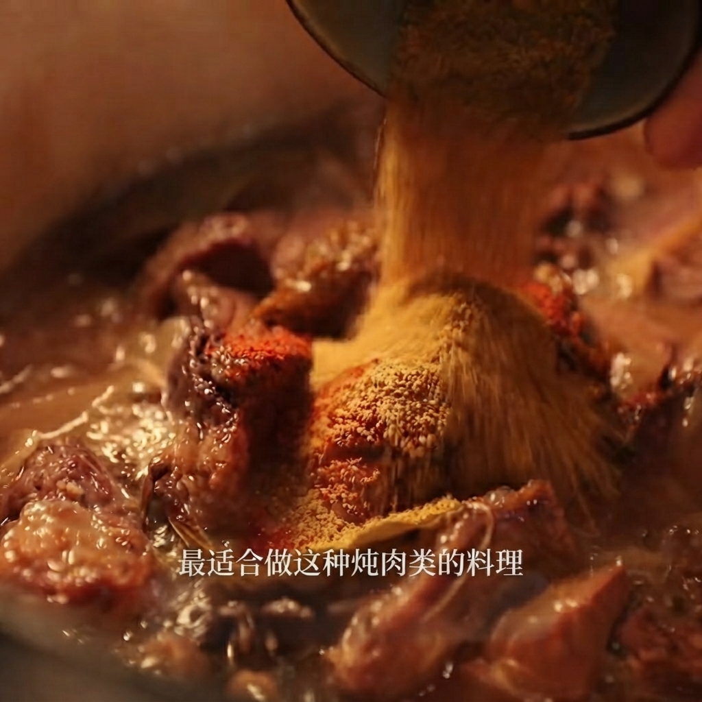 De la poudre de curry et du piment en poudre versés dun petit bol dans le ragoût.