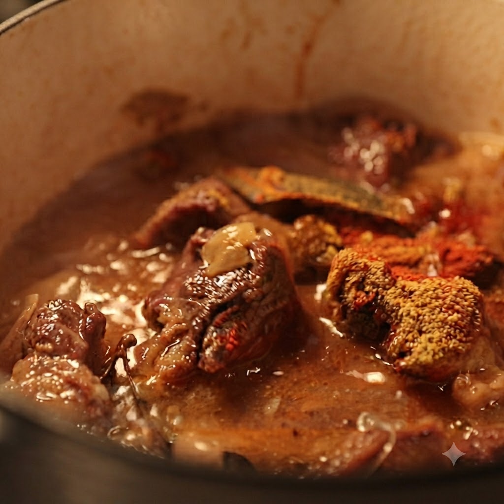 Du ketchup mélangé dans le bouillon de curry et de bœuf bouillonnant.