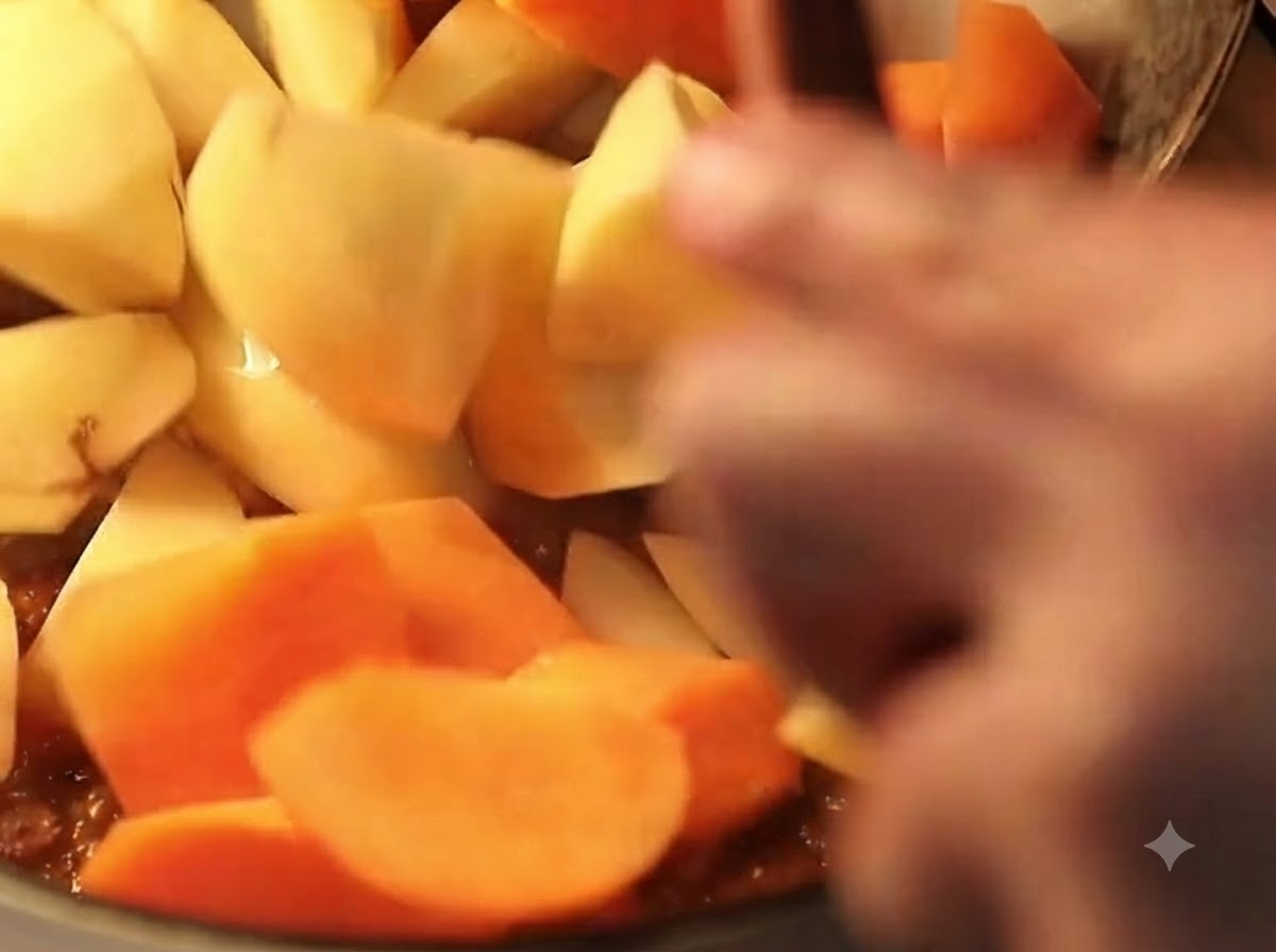 Des morceaux de pommes de terre et de carottes épluchées ajoutés dans la cocotte de bœuf au curry.