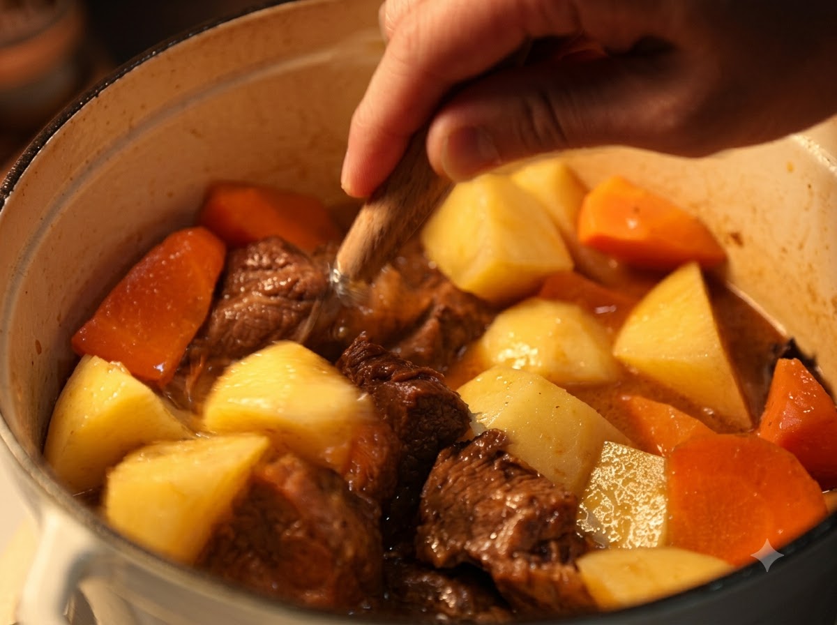 Une personne remuant de gros morceaux de carottes et de pommes de terre dans une cocotte de curry de bœuf.