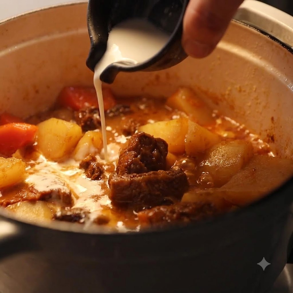 De la crème de coco blanche versée dun petit pichet sombre dans une cocotte de curry bouillonnant.