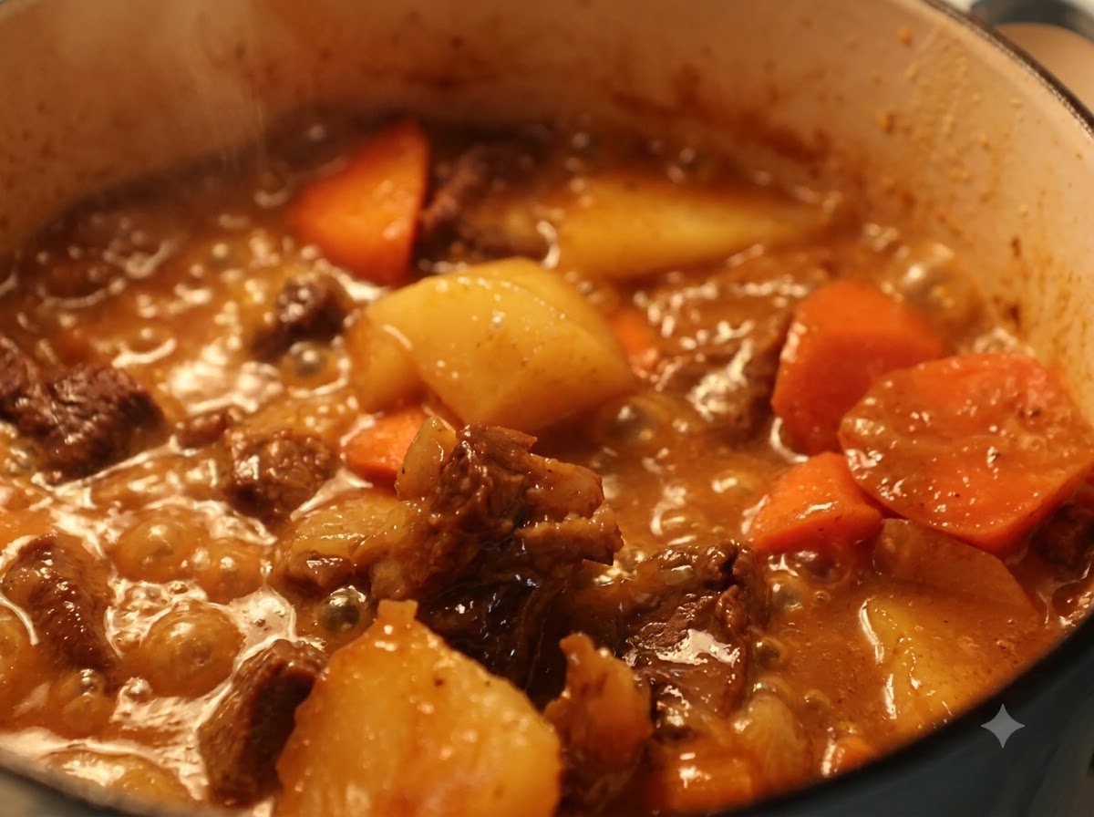 Une cocotte bouillonnante de curry de bœuf et de légumes en train de mijoter sur la cuisinière.