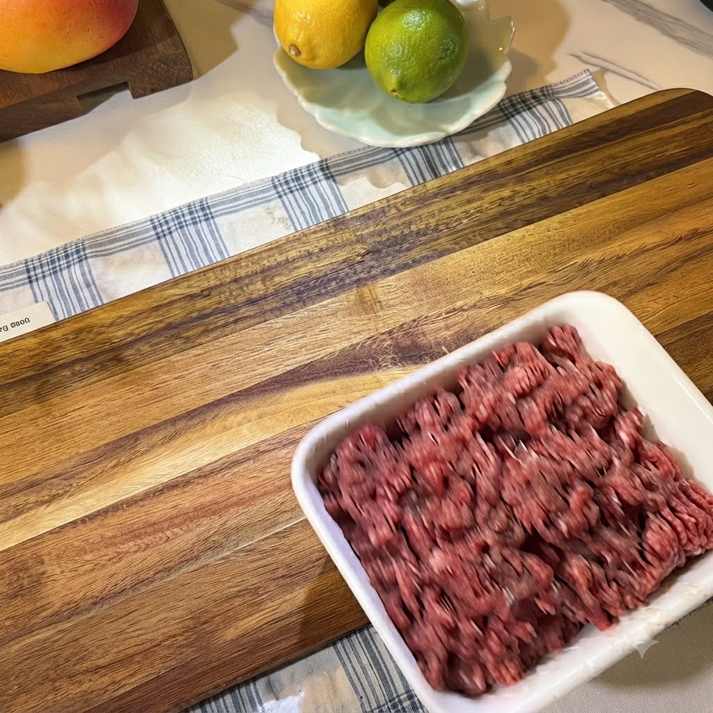 Du bœuf haché cru frais tassé dans un récipient blanc posé sur une planche à découper en bois à côté de citrons.