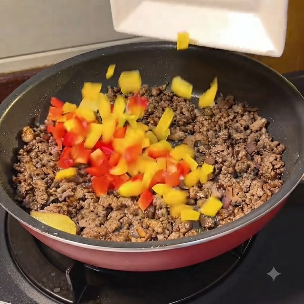 Des poivrons rouges et jaunes émincés versés dune assiette blanche dans une poêle avec du bœuf haché cuit.