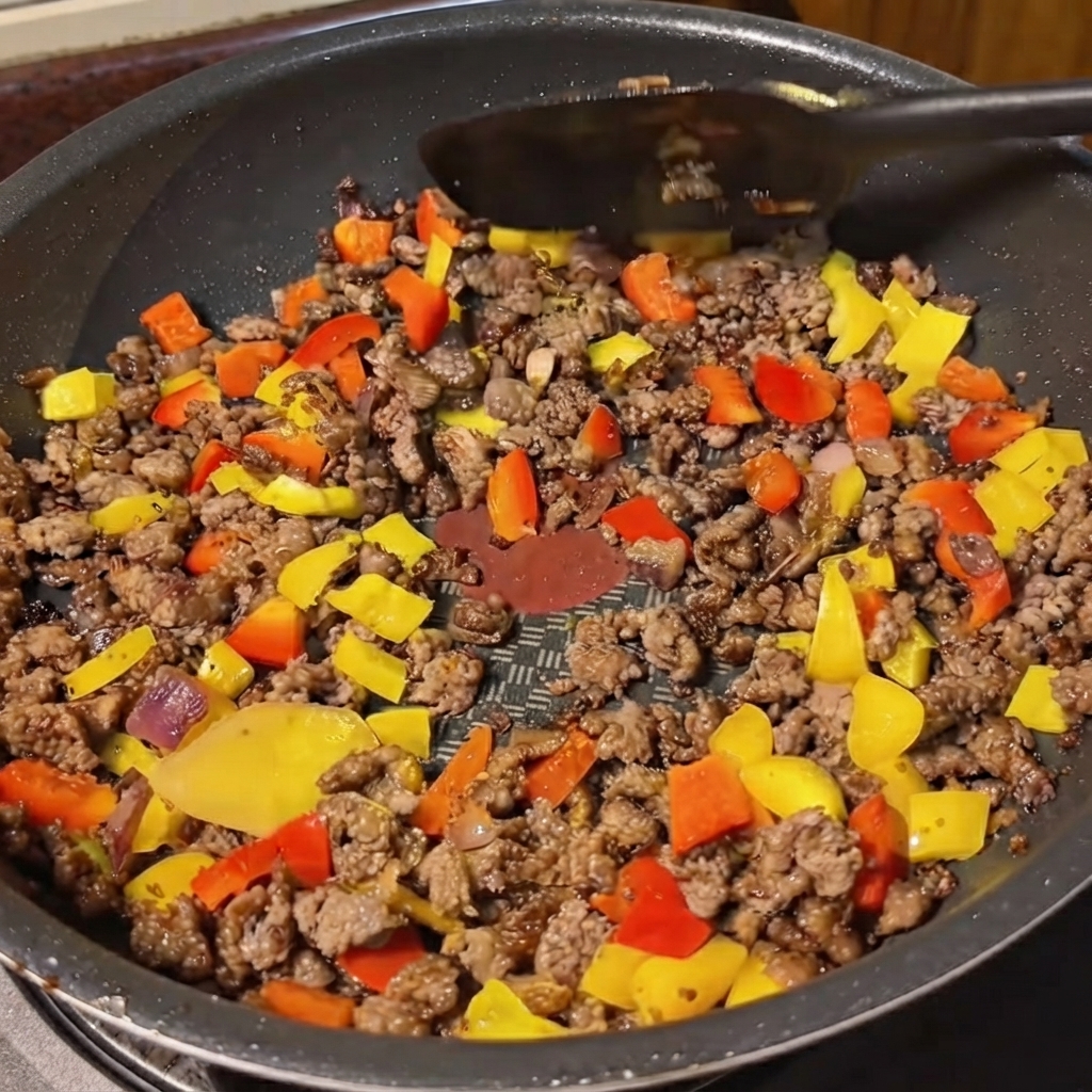 De la sauce au curry jaune versée dun récipient dans une poêle remplie de bœuf et de légumes mélangés.