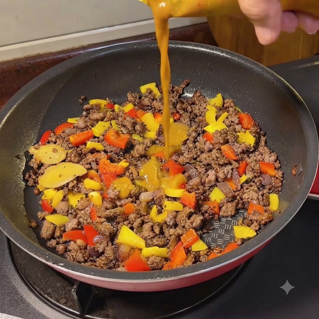 De leau chaude versée dune bouilloire dans une poêle de cuisson remplie de bœuf et dingrédients de curry.
