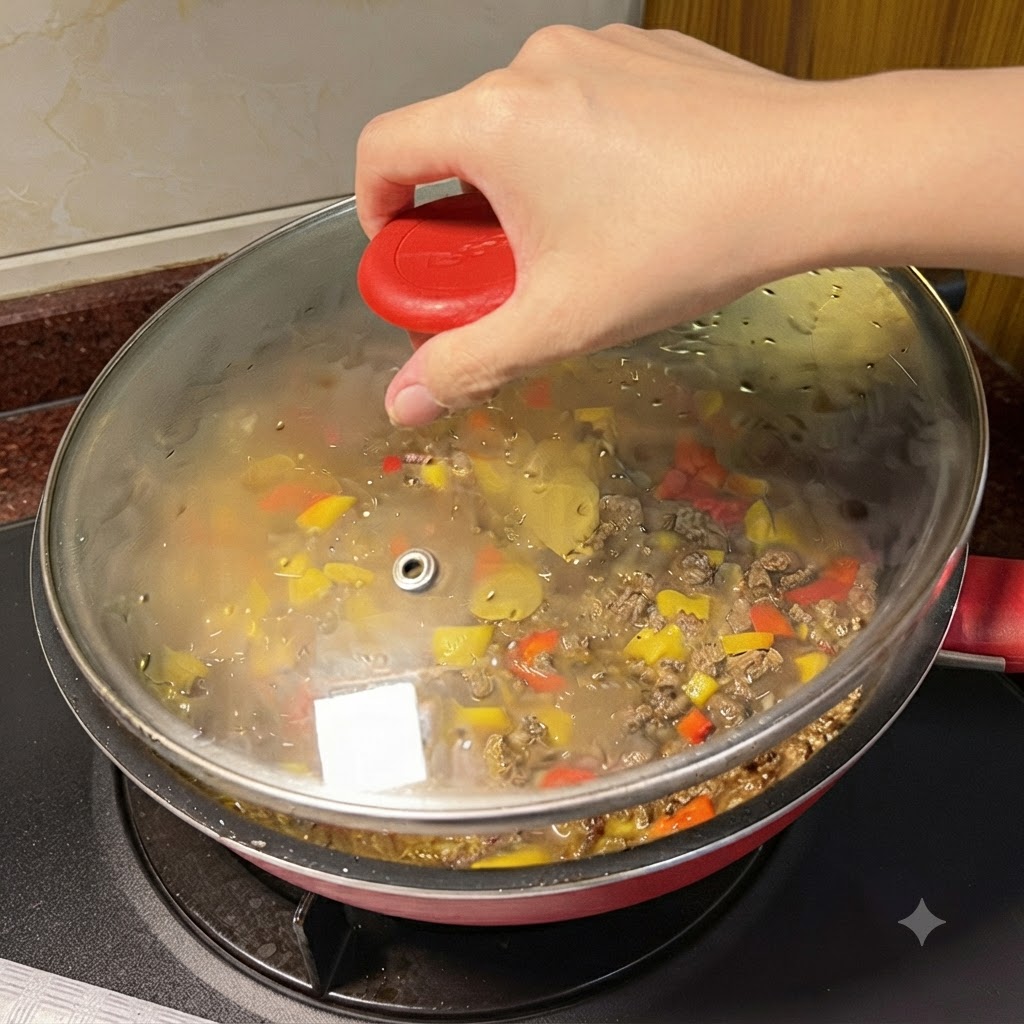 Des tranches de fromage placées sur le mélange de bœuf au curry frémissant à lintérieur dune poêle couverte.