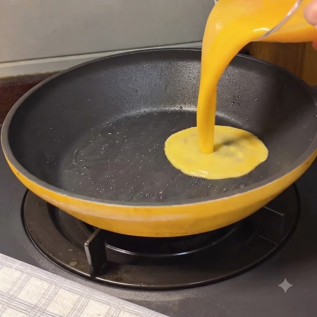 Des œufs battus versés dans une poêle chauffée pour créer une omelette moelleuse.
