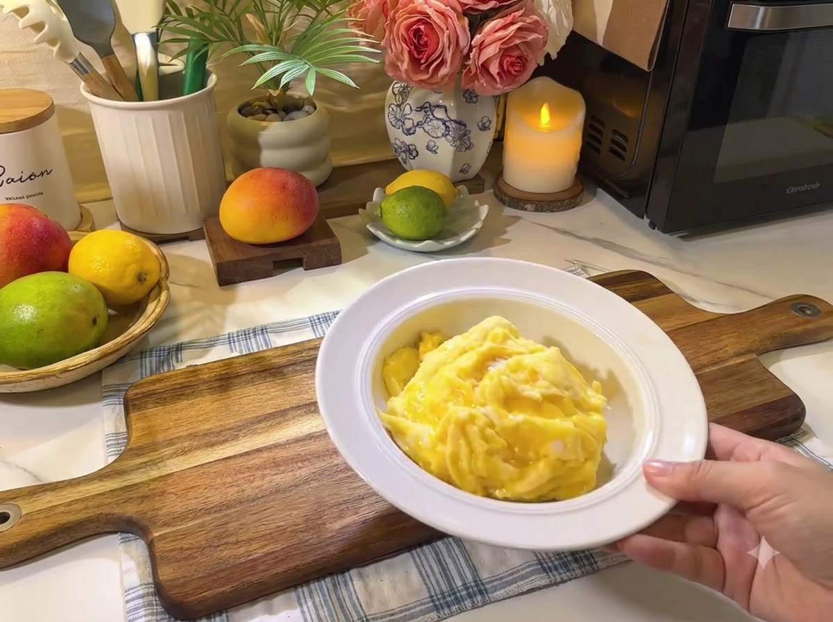 Une assiette dœufs brouillés moelleux reposant sur une planche en bois à côté de fruits frais et dustensiles de cuisine.