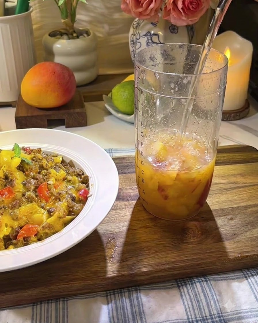 Du thé oolong infusé versé dans un grand verre contenant des fruits pilés et des tranches de citron.