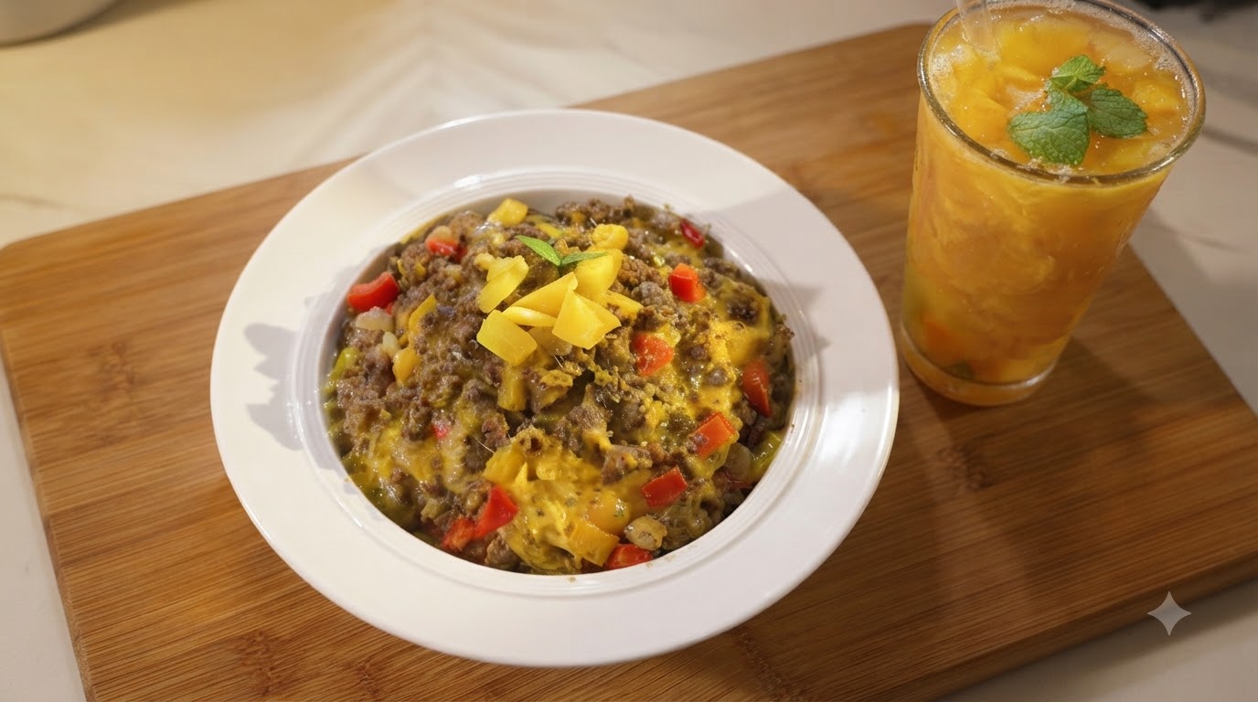 Bol de Riz au Bœuf au Curry et Fromage et Thé Oolong à la Pêche