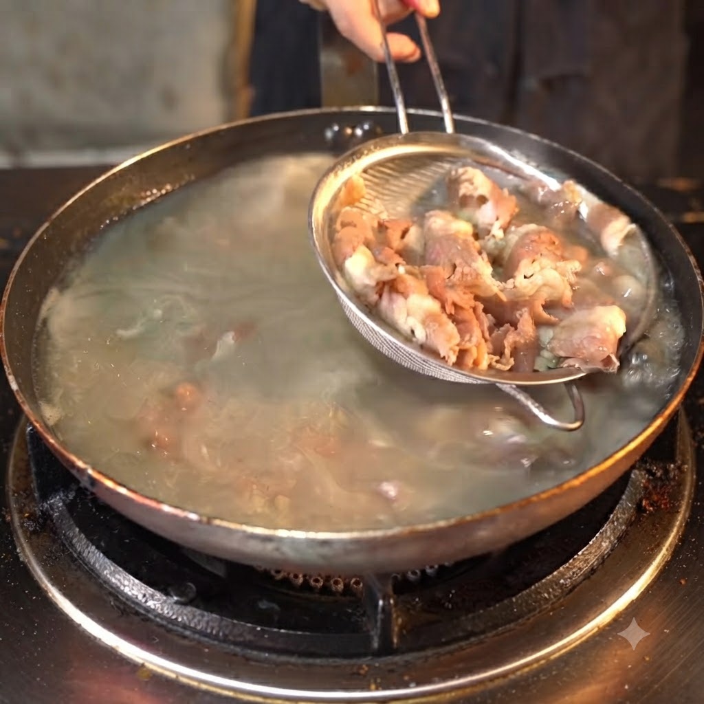 Une écumoire retirant des rouleaux de bœuf bouillis dune casserole deau.