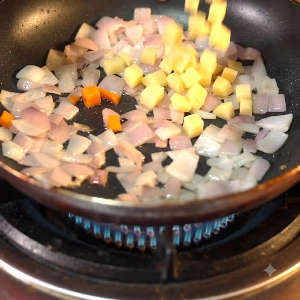 Des pommes de terre et des carottes coupées en dés ajoutées à la poêle avec les oignons frits.