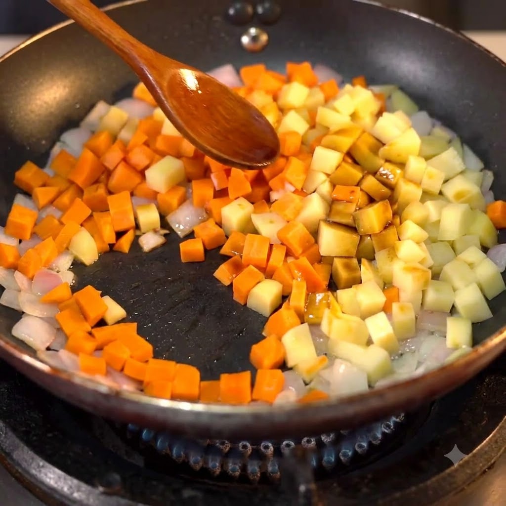 De la sauce soja claire versée sur le mélange de pommes de terre et de carottes dans une poêle.