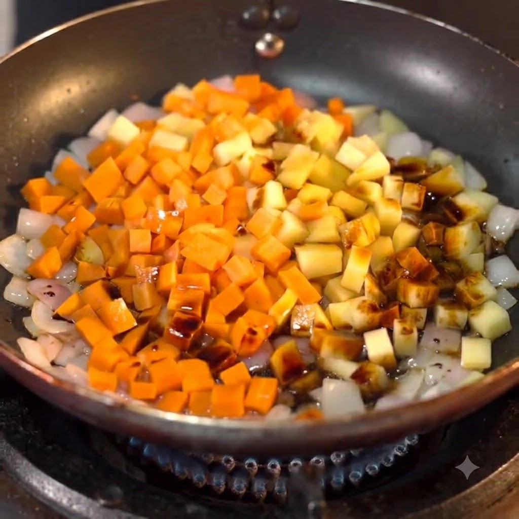 Du lait versé dans une poêle remplie de légumes hachés.