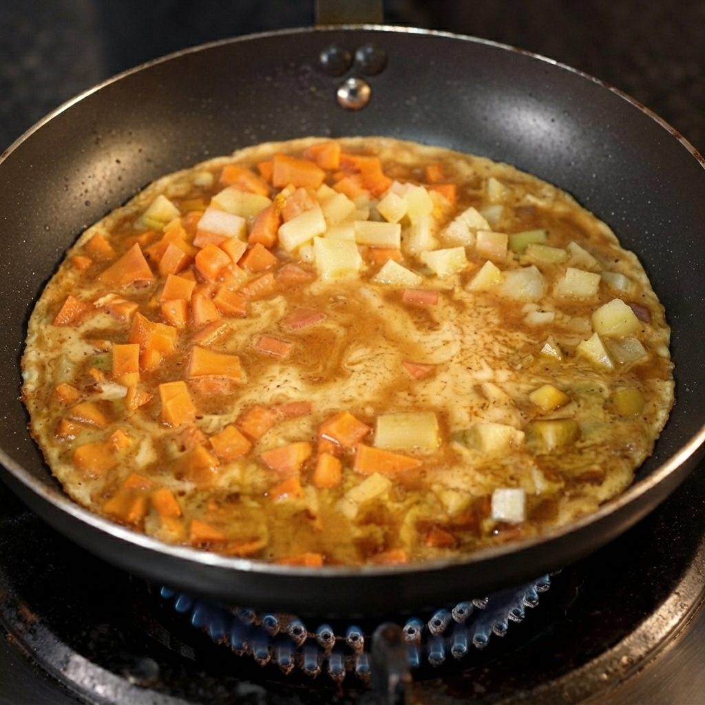 De leau claire ajoutée au mélange de la poêle contenant des légumes et du lait.