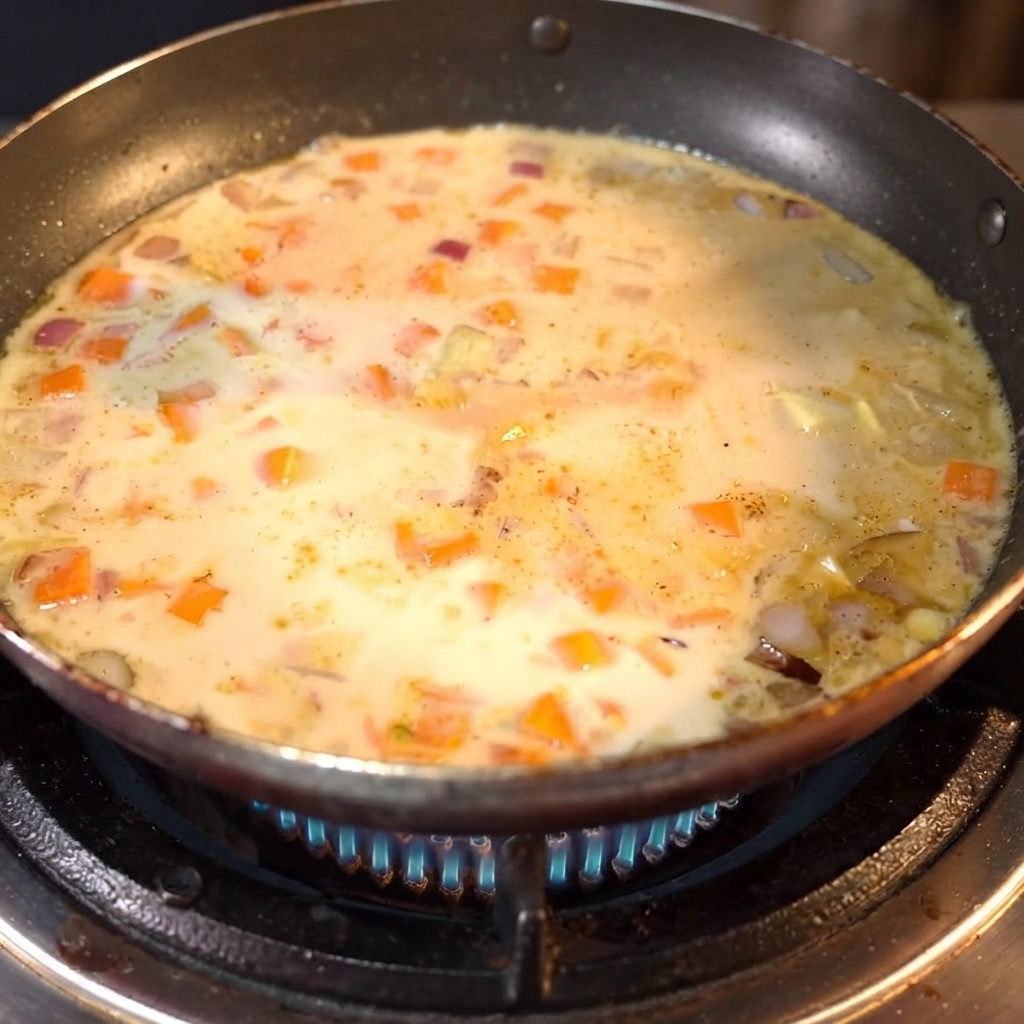 Des blocs de curry reposant à lintérieur du mélange liquide frémissant dans la poêle.
