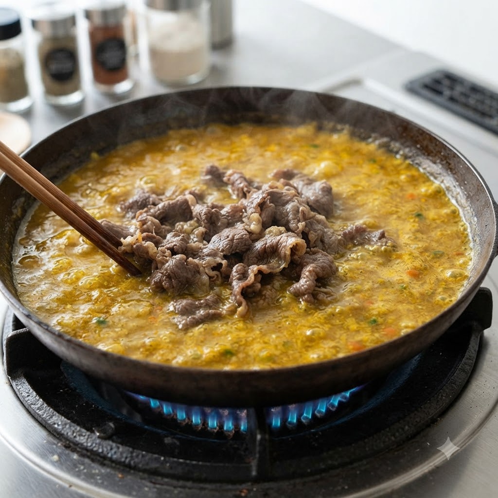 Des tranches de bœuf mélangées avec des baguettes dans une sauce au curry jaune bouillante dans une poêle sur un brûleur à gaz.