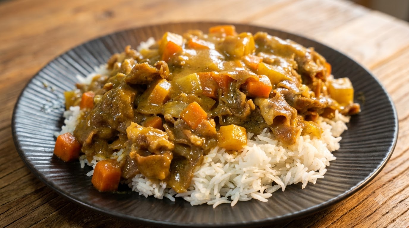 Une assiette de riz blanc moelleux surmontée dun riche curry de bœuf, de carottes et de pommes de terre, enrobée dune sauce curry dorée et brillante.
