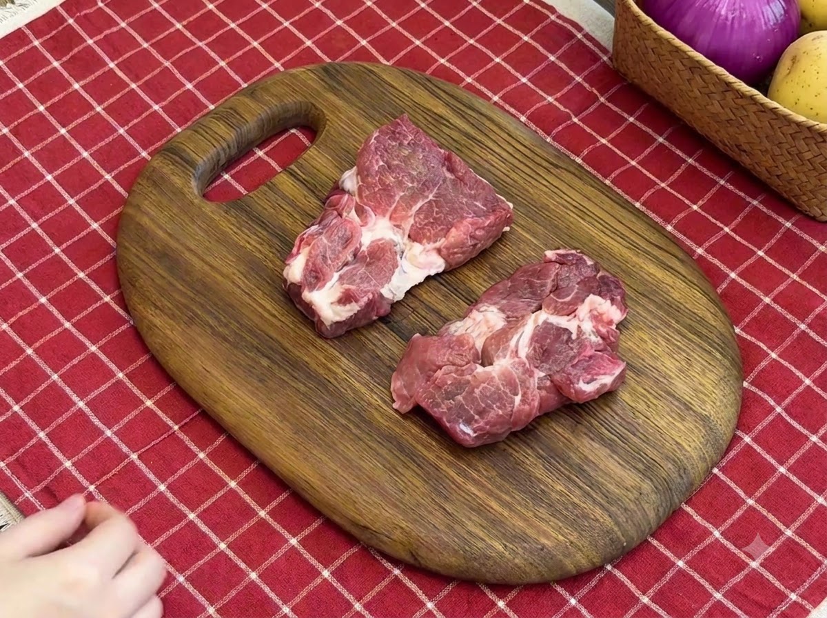Deux côtelettes de porc crues sur une planche à découper en bois, en cours de préparation avec un outil tranchant.
