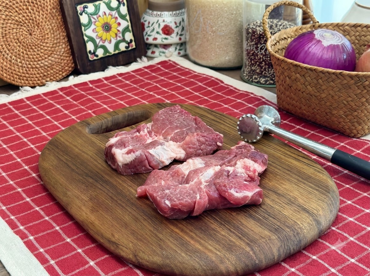 Un maillet à viande posé à côté de deux côtelettes de porc crues et attendries sur une planche à découper en bois.