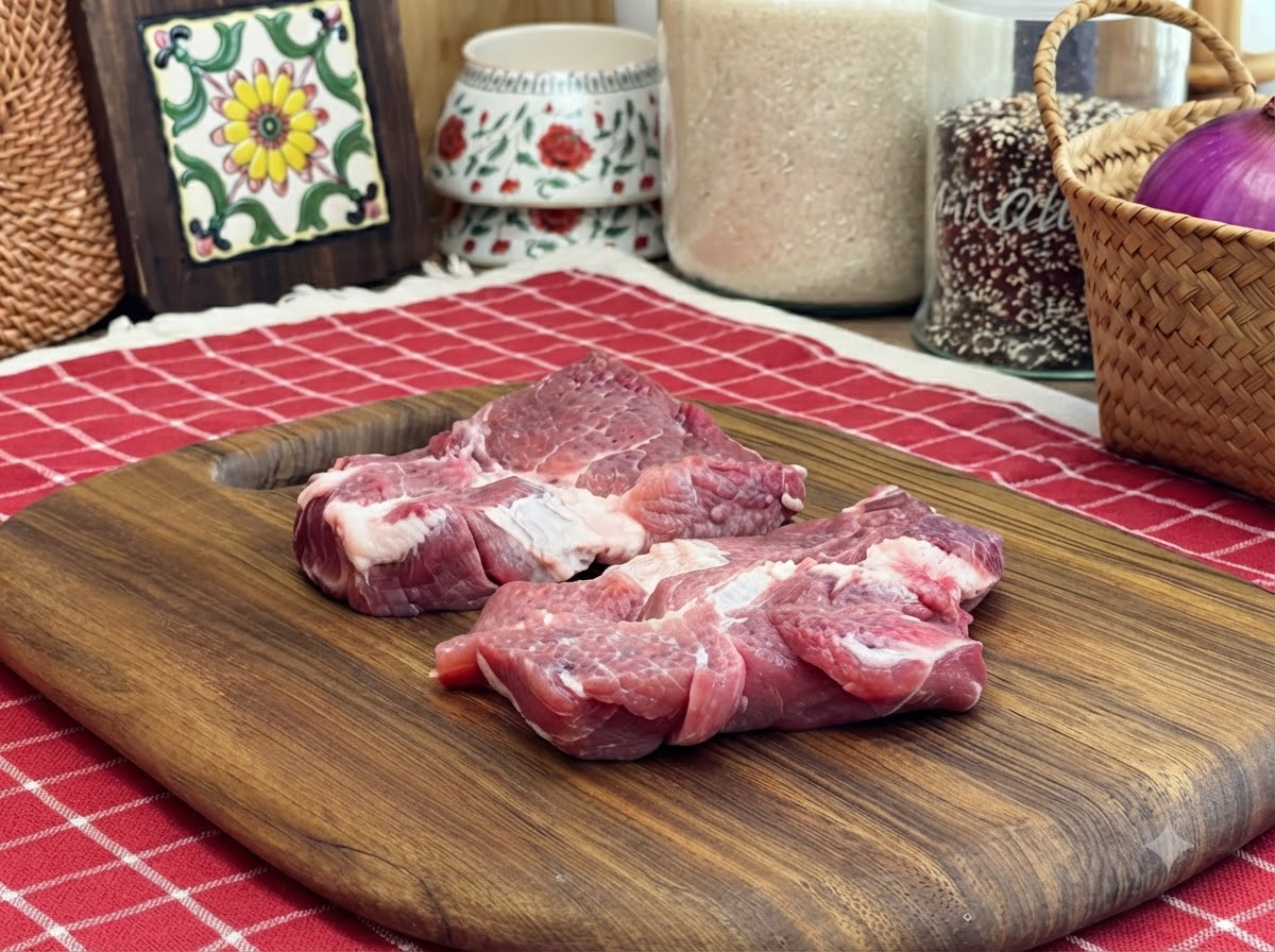 Des côtelettes de porc crues et assaisonnées sur une planche en bois avant la marinade.