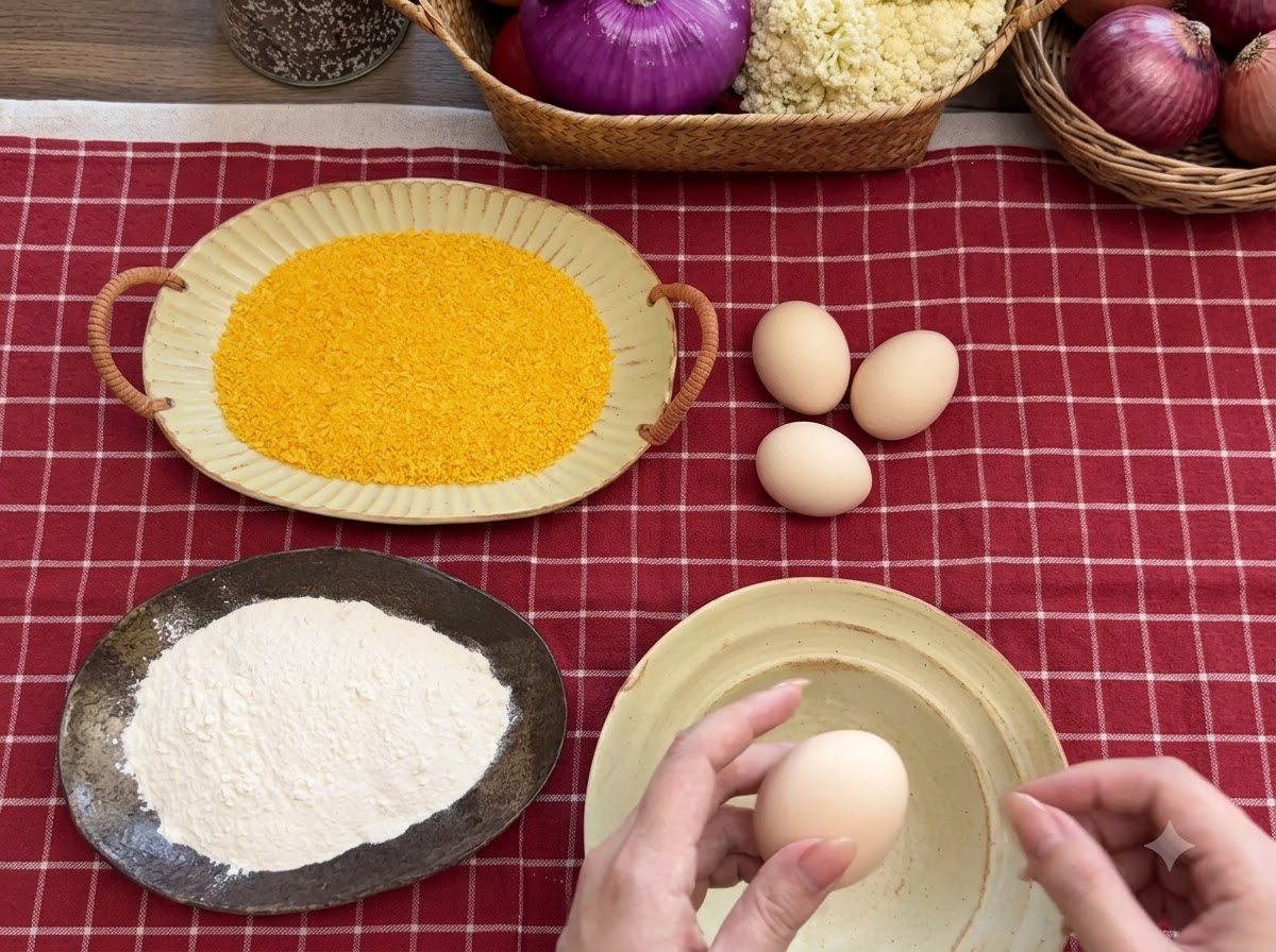 Des assiettes contenant de la farine, de la chapelure et un bol dœufs battus disposés sur une nappe à carreaux rouges.
