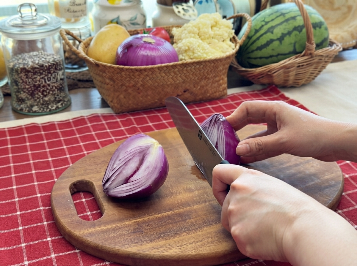 Un oignon rouge en cours de découpe en tranches et en morceaux avec un couteau de cuisine tranchant sur une planche à découper ronde en bois.
